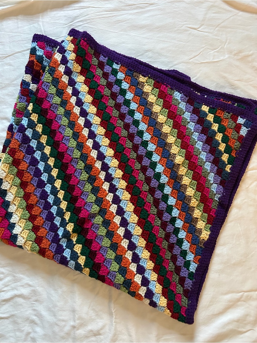 Vintage Multicolor Crochet Granny Square Throw